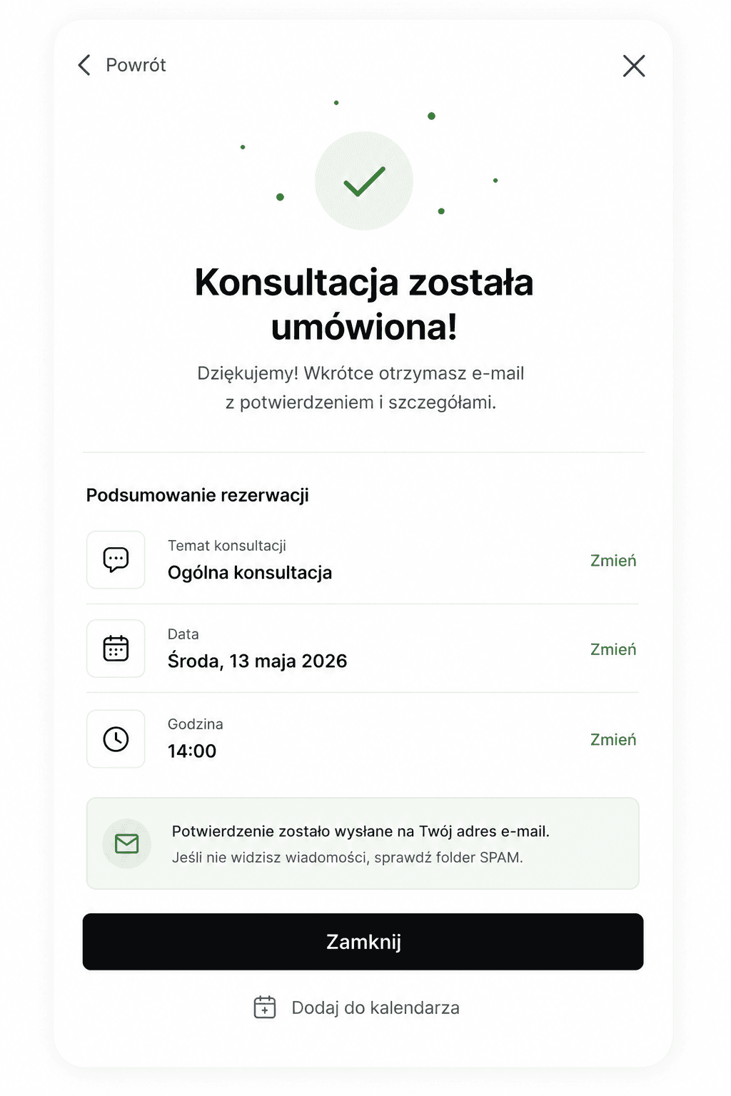 Podgląd potwierdzenia konsultacji w mini chacie